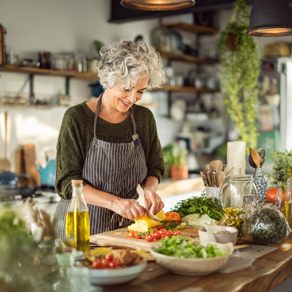 50 years old woman preparing healthy balanced meal in bright kitchen