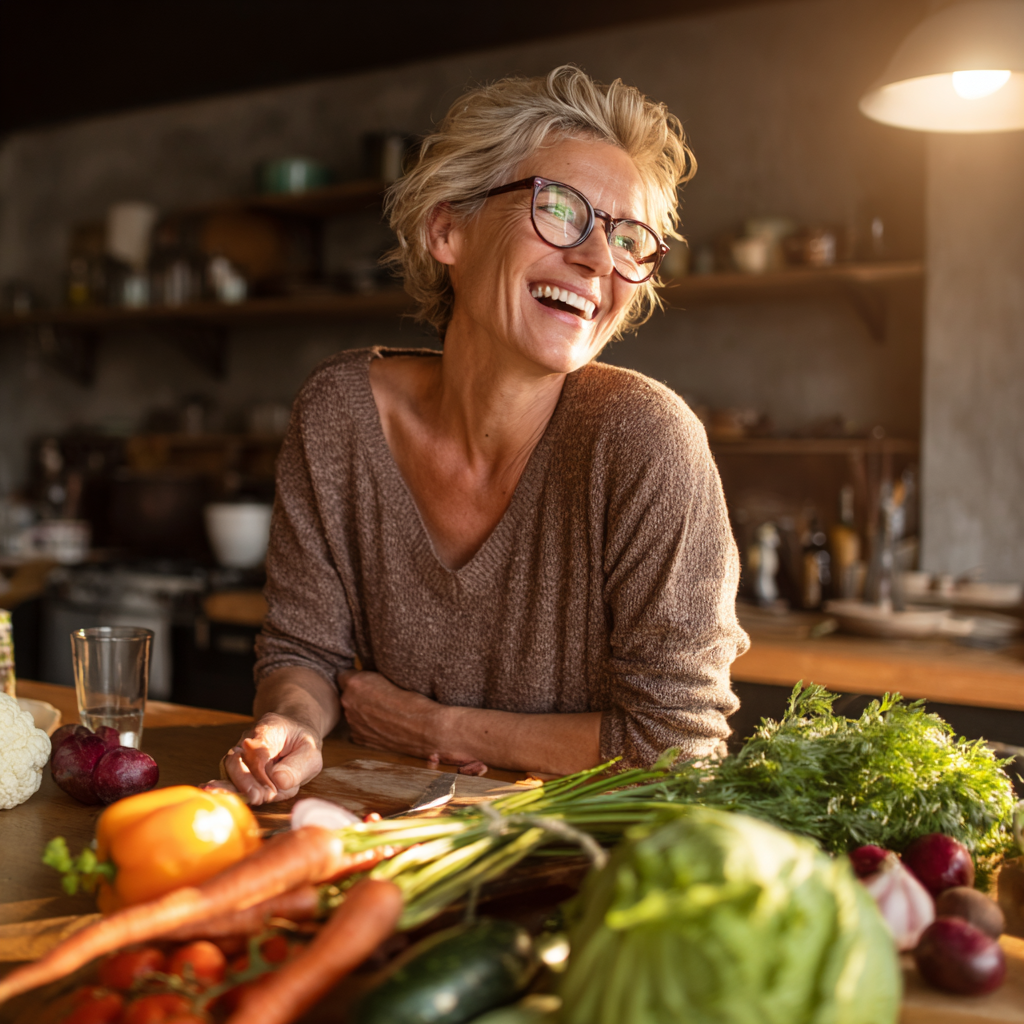 52 years old woman enjoying fresh vegetables and feeling energetic in her kitchen