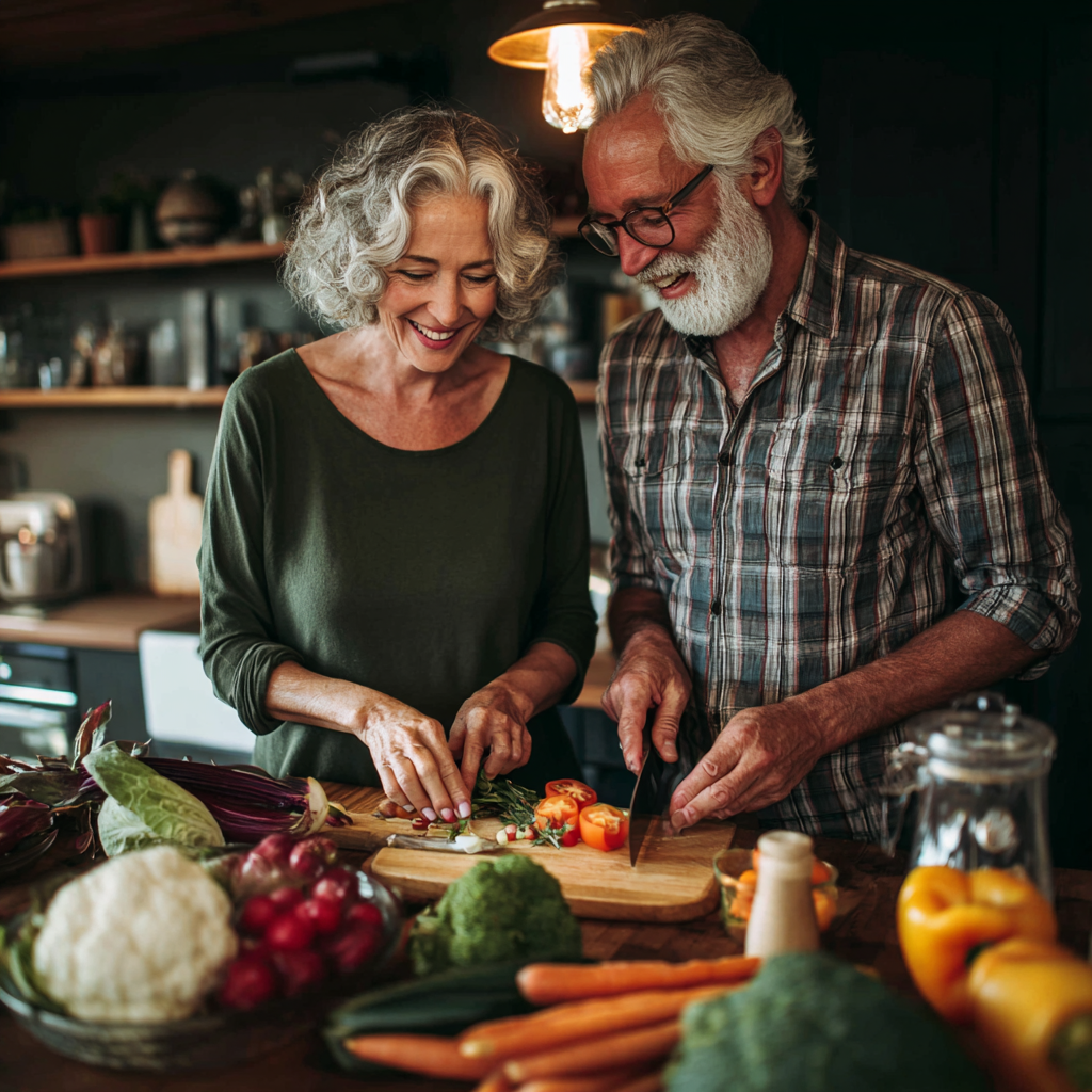 53 years old couple preparing healthy meal together using nutritionist recommendations